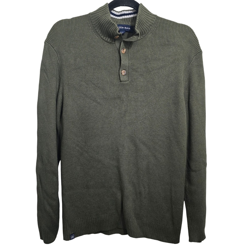 Mizzen+Main Mens Olive Green Ribbed Quarter Button Mock Neck Sweater Size XL